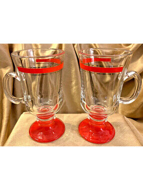 VTG Libbey Pedestal Base Irish Coffee Mugs RED Rim & Base MCM Retro 2pc